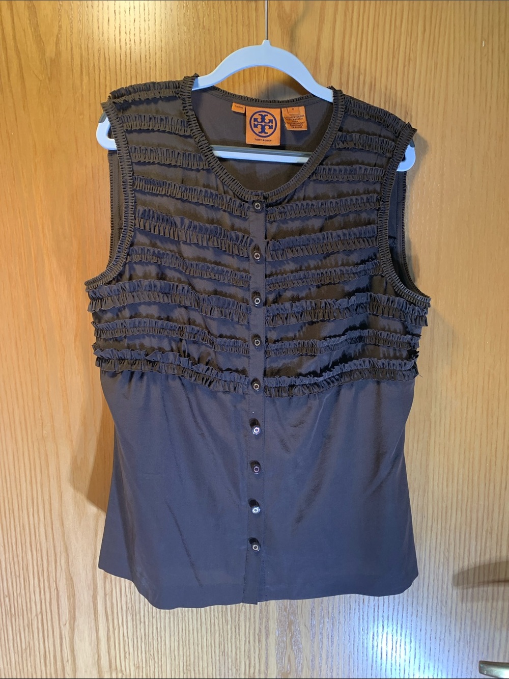 Tory Burch 100% Silk Brown Sleeveless Ruffle-Trim Button Front Top - Size 2